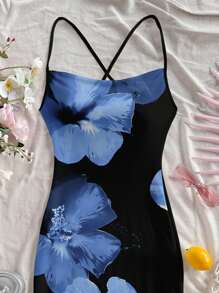 Soleia Váy Maxi dài in họa tiết hoa nhiệt đới tương phản đen xanh dành cho nữ, phong cách gợi cảm, thích hợp cho kỳ nghỉ hè - Nhiều màu - Xem 3