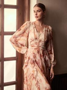 ZEYLAH Đầm Maxi Tay Dài Cổ Chữ V Eo Ruffle Viền Dài Thanh Lịch - Nhiều màu - Xem 5