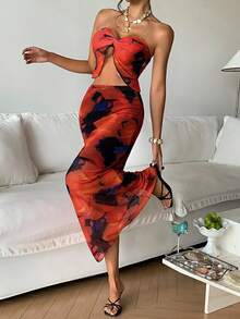 DAZY Set de 2 piezas con top crop y mini falda con estampado de teñido anudado para mujeres en verano