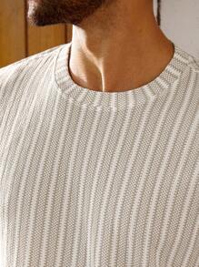 Manfinity Homme T-shirt casual da uomo taglia extra con scollo a girocollo, maniche corte e righe per l'estate - Albicocca - Visualizzare 2