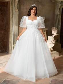 Aureia Đầm Maxi bồng bềnh cổ tim màu trắng thanh lịch lãng mạn quyến rũ tay bồng phóng đại đính hạt trang trí hoa cỡ lớn, thích hợp cho kỳ nghỉ, tuần trăng mật, dạ hội, đám cưới, váy cưới - trắng - Xem 1