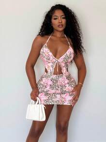 Alexandranx 2 chiếc/bộ áo hở lưng cổ chữ V in họa tiết hoa báo cho nữ và chân váy mini nhún bèo, thiết kế dự tiệc gợi cảm cho kỳ nghỉ thường ngày vào mùa xuân và mùa hè - Nhiều màu - Xem 1