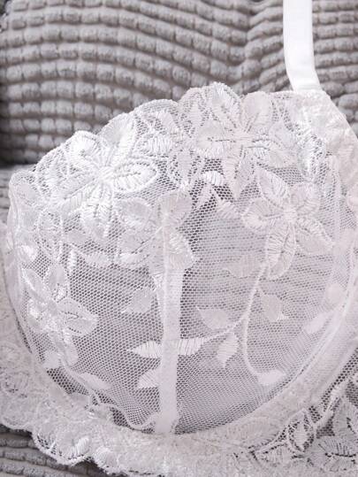 Wit Bloemen Kanten BH Slipje Set Women Doorschijnende Matching Panties Elegante Lingerie view 4