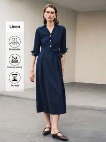 Uhlyne Uhlyne Women's Commuter Chic Linen Blouse Dress, Shirt Dress,3/4 Sleeve,Navy Blue,Easy Care,Autumn,Minimalist,Work Wear,Teacher Outfits,Back To School,Fall ,Neutral Clothes,Business Casual,Old Money Style Summer Dress
