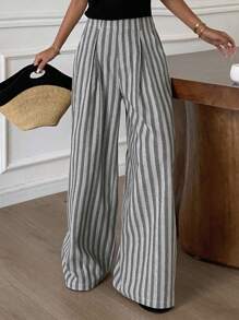 DAZY Pantalones anchos de pierna ancha a rayas holgados con cinturón para mujer, pantalones casuales de vacaciones para otoño