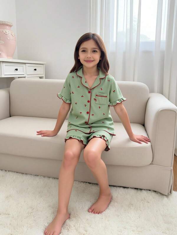 Tween Girls Pajamas Set, Cherry Print Frill Trim Elegant Short Sleeve & Shorts, Comfortable & Fashionable