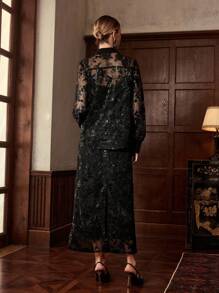 ZEYLAH 女士蕾丝亮片长袖上衣和中长裙优雅套装，秋冬 - 黑色 - 查看 3