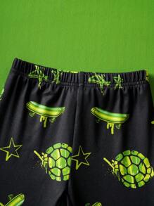 TEENAGE MUTANT NINJA TURTLES | SHEIN Young Boy Cartoon Turtle Pattern Black Tight-Fitting Long Sleeve T-Shirt & Pants Casual Pajama Set - Multicolor - View 6