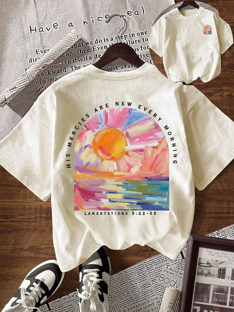 INAWLY Áo thun cổ tròn tay ngắn in tranh sơn dầu khẩu hiệu mùa hè dành cho nữ - Màu be - Xem 1