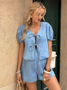 SHEIN Maternity Casual V-Neck Puff Sleeve Twist Front Top & Denim Shorts 2 Pieces Set, Summer, 2pcs/Set Maternity  Bow  Blouse And Pants Suit Old Money Streetwear Women Going Out Vacation Maternity Sets Summer Maternity Set Fall Women Clothes Party Outfit,Puff Sleeve Set - Blue - View 5