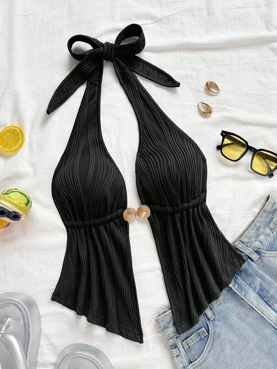 Soleia 度假风性感V领金属细节露背荷叶边吊带上衣，红色纹理面料，适合海滩、约会、假日、音乐节等场合，波西米亚风夏季沙滩上衣 - 黑色 - 查看 1