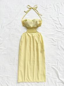 Soleia 度假吊带领镂空腰部高开叉露背系带中长连衣裙，蓝色，适合度假、音乐节、波西米亚风、节日约会、下午茶