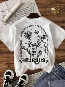 SHEIN LUNE A Plus-Size Lady Jesus Floral Butterfly Print T-Shirt, Suitable For Daily Wear - White - View 2