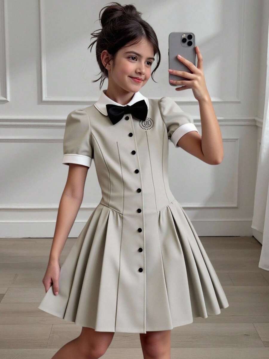 青少年女孩拼色纽扣前褶休闲连衣裙，英式风格