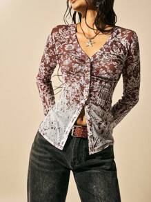 Easelle Women's Summer Boho Vintage Ditsy Floral Totem Gradient Print Mesh Casual Top, Fall Club Country Concert 2000s Style 2000 - Burgundy - View 6