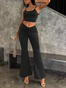 INAWLY Women Summer Solid Color Cropped Slim Fit Camisole Top And Pleated Flared Pants Vacation Outfit - Black - View 5