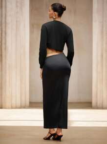 SHEIN Unity Women's Woven Asymmetrical Waist Cutout Fitted Elegant Black Skirt, Suitable For Summer & Autumn Fall Cloth For Women - Black - View 3
