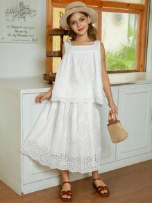 Hapijoa 2pcs/Set Tween Girl Girls Sleeveless Square Neck Top And Skirt Outfit, Summer - White - View 6