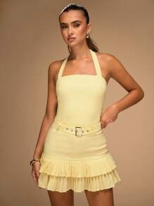 SHEIN BAE 女士夏季时尚纯色带扣腰带打结吊带上衣和多层褶边迷你裙套装 - 黃色 - 查看 5