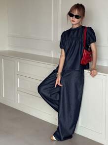 Dazy Kids 少女圆领泡泡袖褶饰上衣和宽腿宽松牛仔套装 - 深色水洗藍 - 查看 6