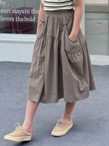 Dazy Kids 女童夏季休闲纯色蝴蝶结装饰A字裙 - 灰色 - 查看 5