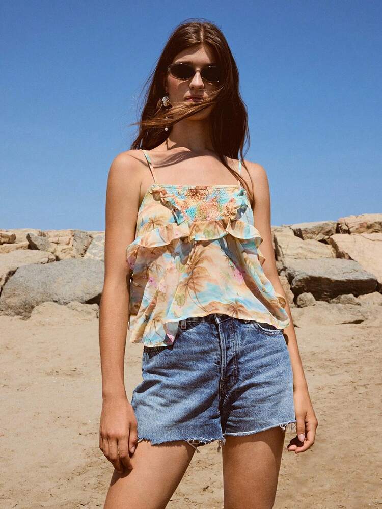 SHEIN Maija Top de mujer sin mangas con diseño de volantes y estampado bohemio de vacaciones en la isla, versátil para fiestas de vacaciones, playa y festivales de verano