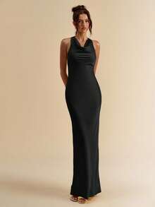 SHEIN BAE Women Summer Solid Yellow Spaghetti Strap Open Back Satin Dress - Black - View 5