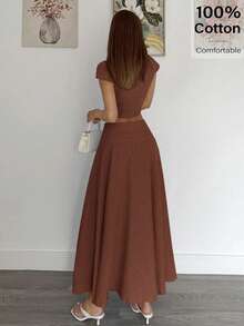 Siren Gaze Bộ 2 món áo crop top và chân váy trơn màu thanh lịch dành cho nữ mùa hè - Cà phê nâu - Xem 2