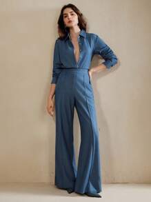 Anewsta 2pcs Vintage Style Long Sleeve Cardigan Shirt And Flared Leg Pants Set, Autumn - Blue - View 1