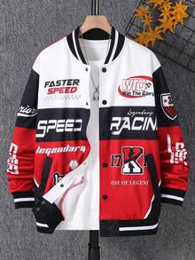 SHEIN 青少年男孩拼色赛车元素和字母印花休闲机车夹克，面料柔软，适合上学、通勤、户外穿着，适合秋冬季 - 彩色 - 查看 4