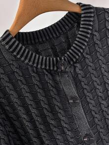 CosyJoli Women Plus Size Casual Washed Melange Cable Knit Short Sleeve Cardigan, Grey Button Up Ribbed Knit Top For Smart Casual Everyday, Fall/Winter - Black - View 3