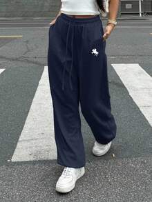 SHEIN EZwear 女士海军蓝色刺绣口袋抽绳腰部休闲运动裤 - 藏蓝色 - 查看 7