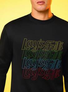 Lay's X SHEIN Men's Letter Pattern Black Crew Neck Long Sleeve Sweatshirt - Black - View 1