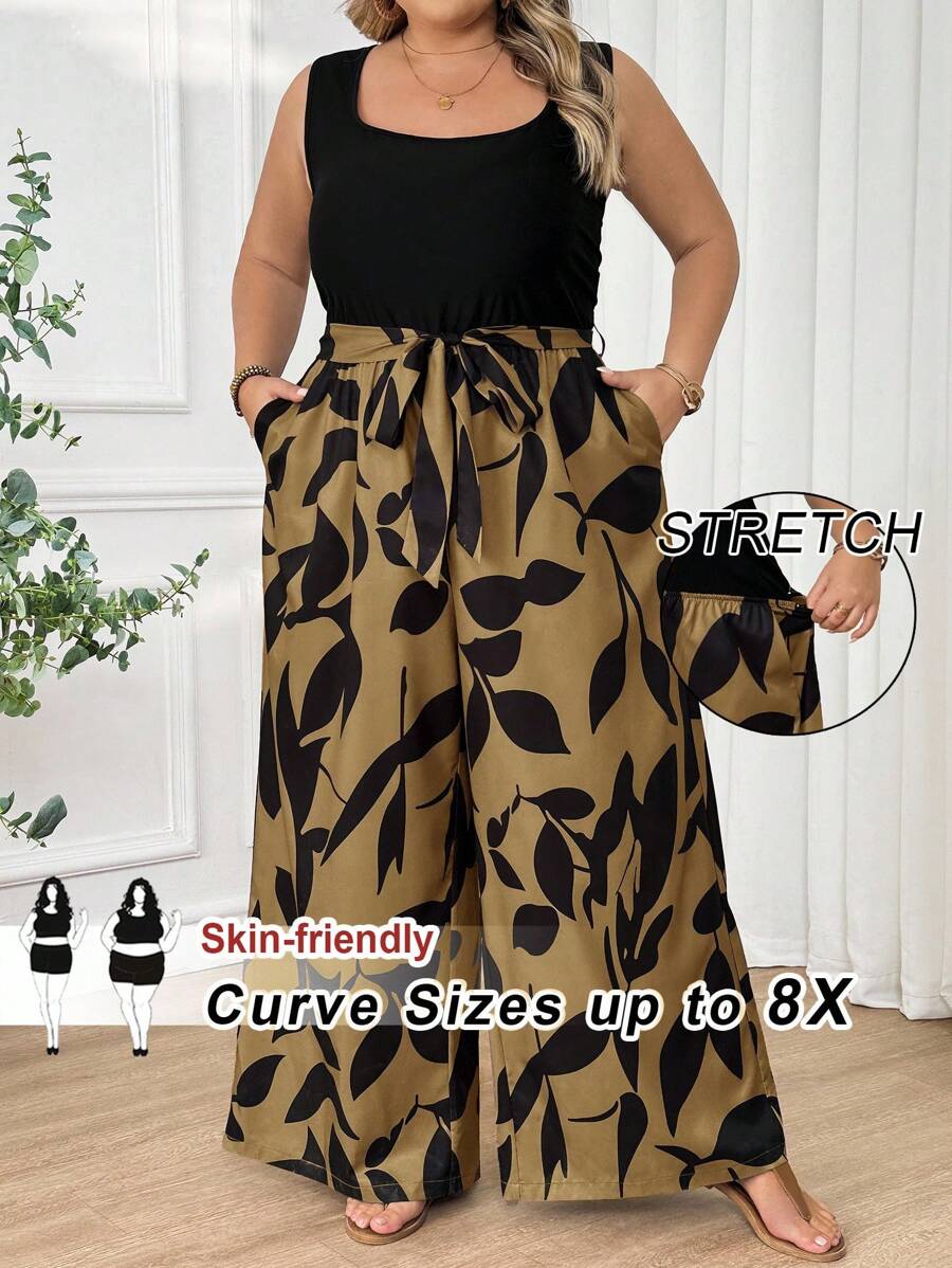 SHEIN CURVE+ 大码女式腰带印花拼布休闲连体裤，夏季波西米亚风度假夏季/乡村/海滩度假装/沙滩装/沙滩装 - 卡其色 - 查看 1