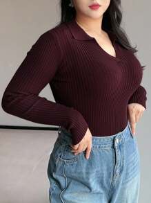Dazy Plus Valentine Plus Size Solid Color V-Neck Elastic Bodycon Long Sleeve Wine Red Sweater Fall - Burgundy - View 4