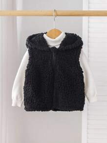 SHEIN Babygirl 可爱百搭黑色蓬松连帽背心外套，秋冬休闲装 - 黑色 - 查看 8