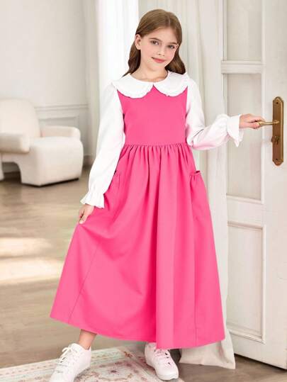 SHEIN Sparklyn Tween Girls Casual Lovely Peter Pan Collar Ruffle Sleeve 2-In-1 Cinched Waist Dress, Spring & Autumn Fall Winter