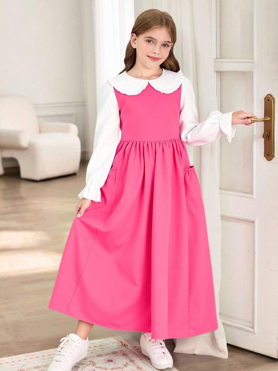 SHEIN Sparklyn Tween Girls Casual Lovely Peter Pan Collar Ruffle Sleeve 2-In-1 Cinched Waist Dress, Spring & Autumn Fall Winter - Pink - View 1