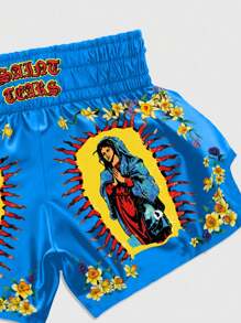 ROMWE MEN Street Life Shorts de boxeo de verano informales con cintura elástica y estampado de anime creativo para hombres - Azul - Ver 4