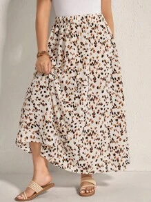 Comfylo Ropa de verano Falda larga con estampado de leopardo y decoración de botón central frontal para mujeres de talla grande, ropa de verano