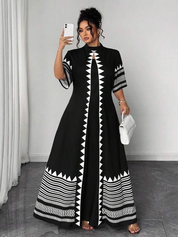Elenzga Plus Size Print Lace-Up 2 In 1 Dress