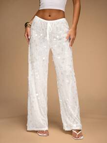 SHEIN BAE Quần ống rộng sequin cạp thấp cho nữ, thích hợp cho kỳ nghỉ hè ở bãi biển - trắng - Xem 1