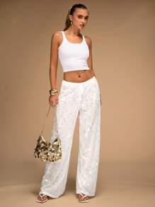 SHEIN BAE Quần ống rộng sequin cạp thấp cho nữ, thích hợp cho kỳ nghỉ hè ở bãi biển - trắng - Xem 4