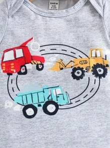 SHEIN Baby Boys' Cute Cartoon Car Print Bodysuit And Shorts Set, Spring/Summer Baby Boy Construction Vehicle Clothes Baby Car Clothes Baby Boy Summer Set Baby Boy Car Print Bodysuit - Multicolor - View 5