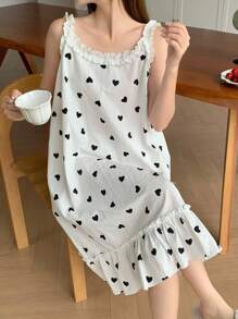 DAZY 满身心形印花女士细肩带荷叶边睡裙睡衣 - 白色 - 查看 4