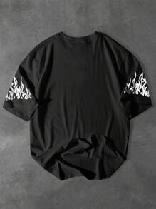 Manfinity EMRG Áo thun nam cổ tròn tay ngắn in hình ngọn lửa và chữ số, thoải mái, năng động cho mùa hè - màu đen - Xem 2