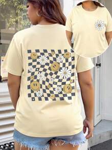 INAWLY 大码夏季鲜艳花卉笑脸印花圆领 T 恤，舒适休闲户外服装，四季皆宜 - 杏色 - 查看 1