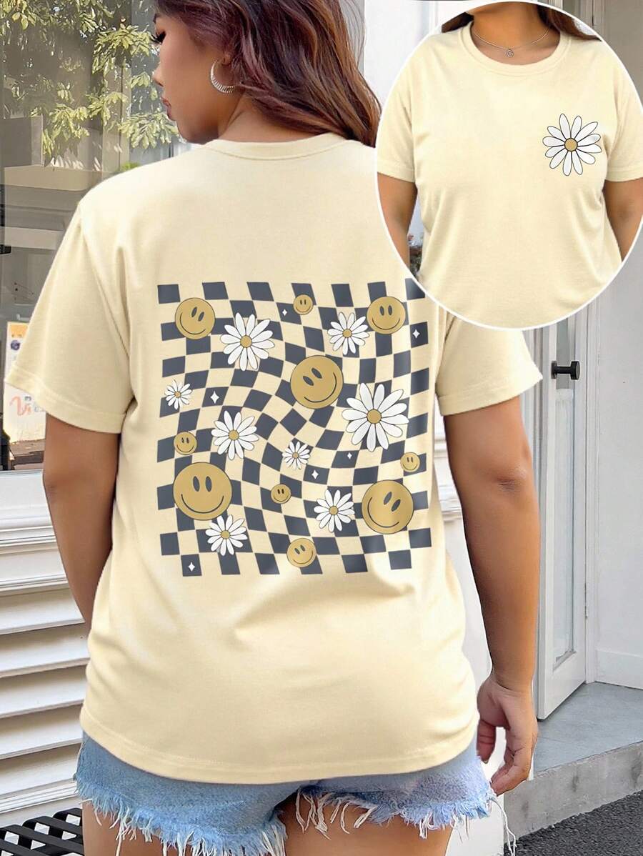 INAWLY 大码夏季鲜艳花卉笑脸印花圆领 T 恤，舒适休闲户外服装，四季皆宜 - 杏色 - 查看 1