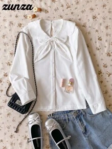 1 件青少年女孩不对称领套头衫长袖白色休闲校服衬衫，秋季 - 白色 - 查看 5