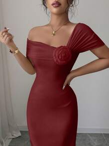Modelyn 1 件女士时尚露肩花卉 3D 装饰修身优雅连衣裙，春夏 - 酒紅色 - 查看 7